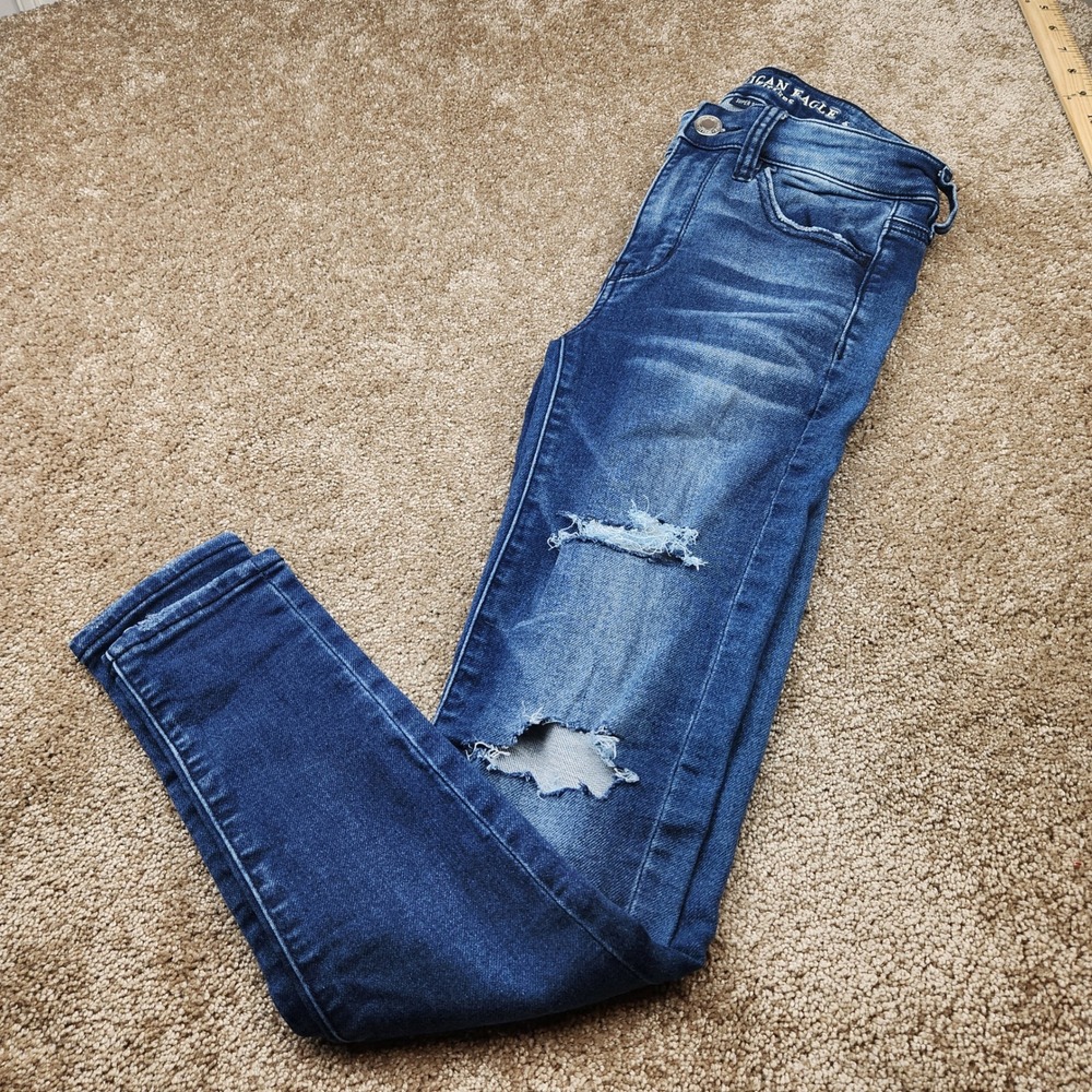 American Eagle Hi-Rise Jegging Kids Size 2 Medium Wash Distressed Ripped Jeans